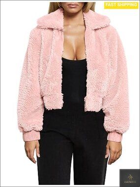 Faux Fur Cropped Teddy Jacket Zip Up Furry Lapel Coat Pockets